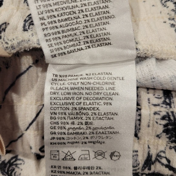 H&M Size L Cream/black Boho Cotton Blend Drawstring Wide Leg Pants - Picture 7 of 7